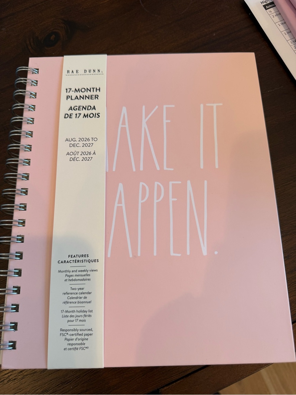 NWT Rae Dunn Pink "Make It Happen" Spiral 17-Month Planner Aug 2026-Dec 2027